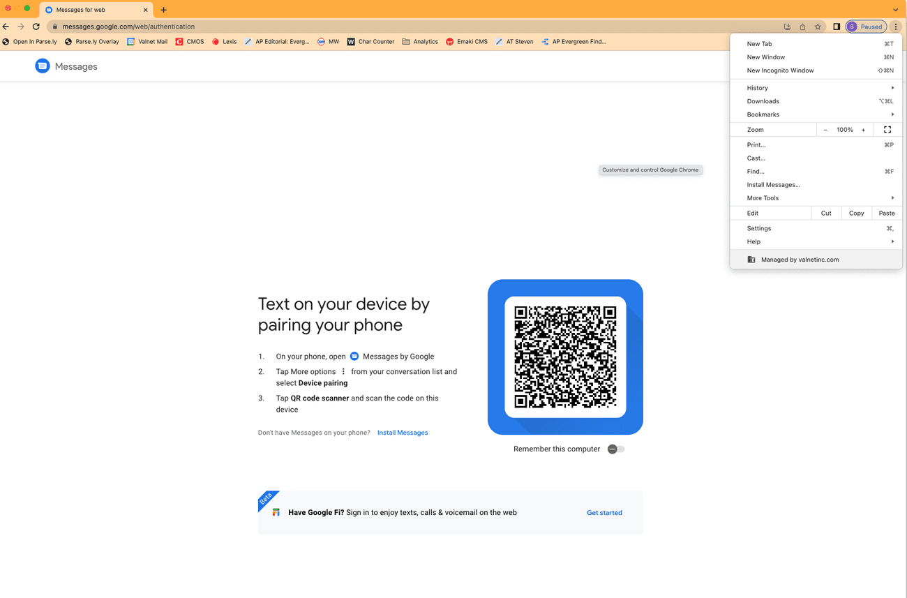 Η διεπαφή χρήστη Messages στα Windows στο Chrome