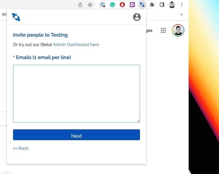 Εισαγωγή διευθύνσεων email ατόμων που θα προσκαλέσετε σε μια ομάδα στην επέκταση του Google Chrome σελιδοδείκτες TeamSync