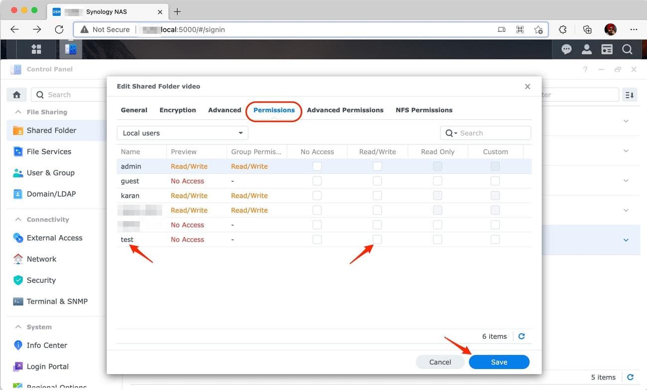 Screenshot shows the permission pop up in the Synology Drive 'Shared Folder' tab.