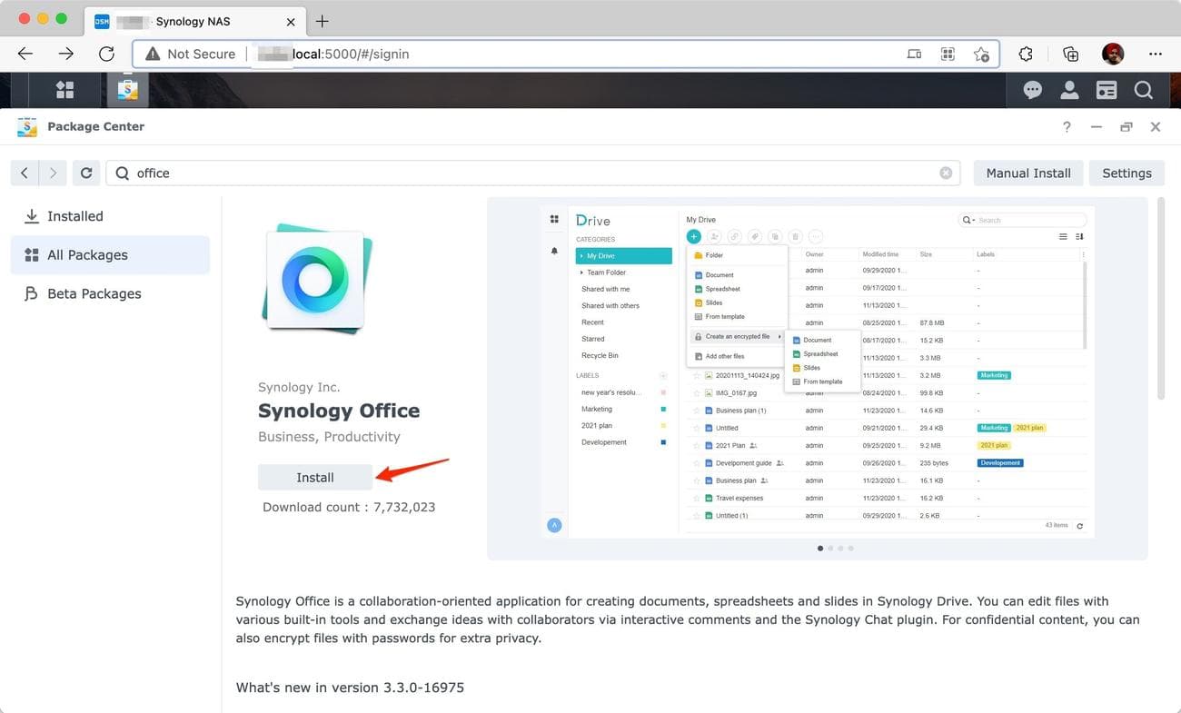 Screenshot shows the Synology Office install option in the Package Center under 'All Packages'.