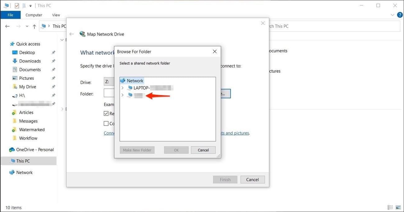 Screenshot shows the 'Browse' pop up with an arrow pointing to the relevant drive option.