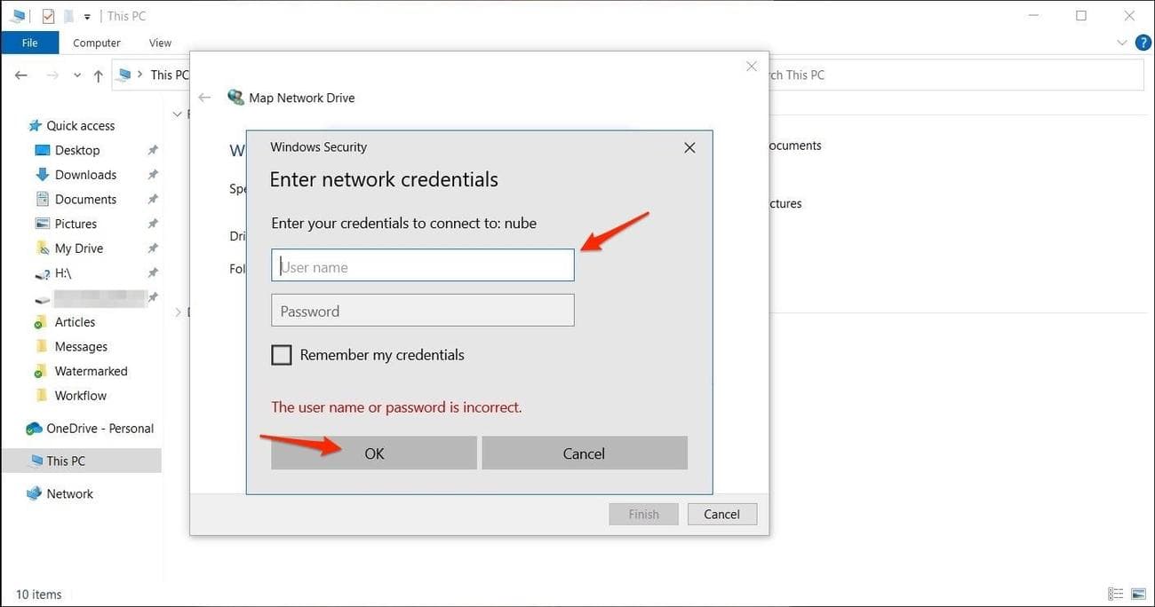 Screenshot shows 'Enter network credentials' pop up with arrows pointing to fillable boxes and the 'OK' button.