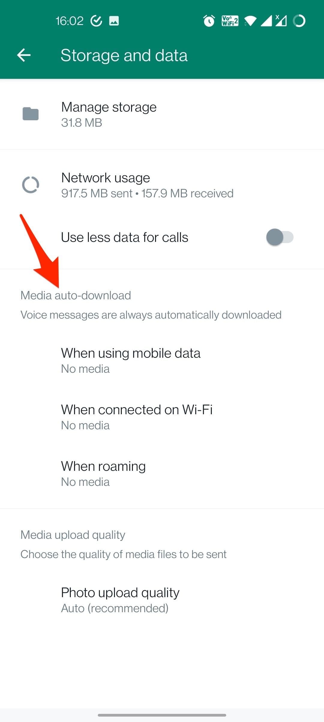 Στιγμιότυπο οθόνης της σελίδας αποθήκευσης και δεδομένων της εφαρμογής WhatsApp για Android