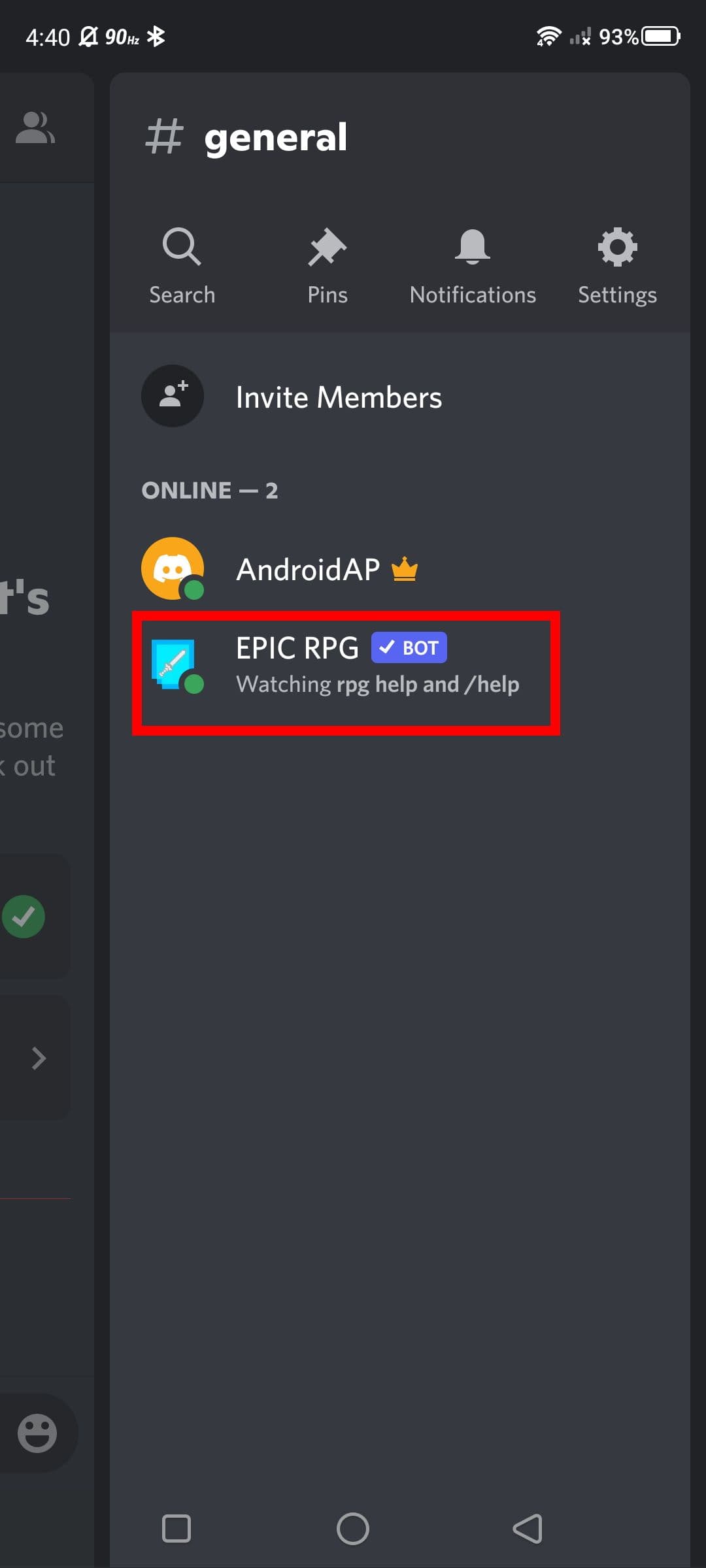 Κόκκινο ορθογώνιο πλαίσιο οπτικού βοηθήματος περίγραμμα Epic RPG bot στη λίστα μελών Discord (εφαρμογή Discord για κινητά)