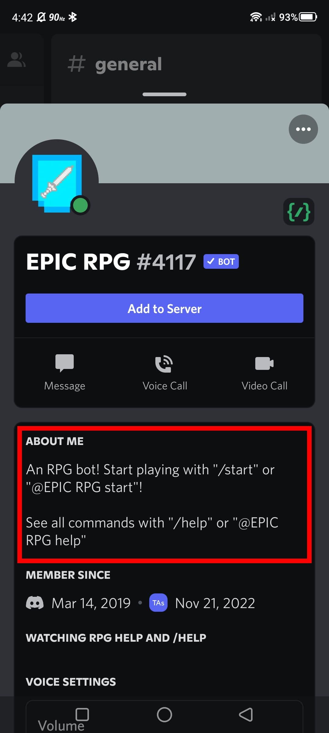 Κόκκινο ορθογώνιο περίγραμμα ενότητα Σχετικά με εμένα στο Epic RPG bot (εφαρμογή Discord για κινητά)
