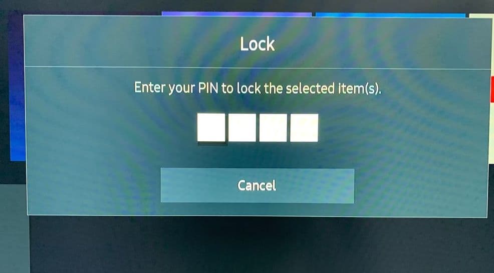 Καρτέλα εισαγωγής PIN για κλείδωμα εφαρμογών στην τηλεόραση Samsung
