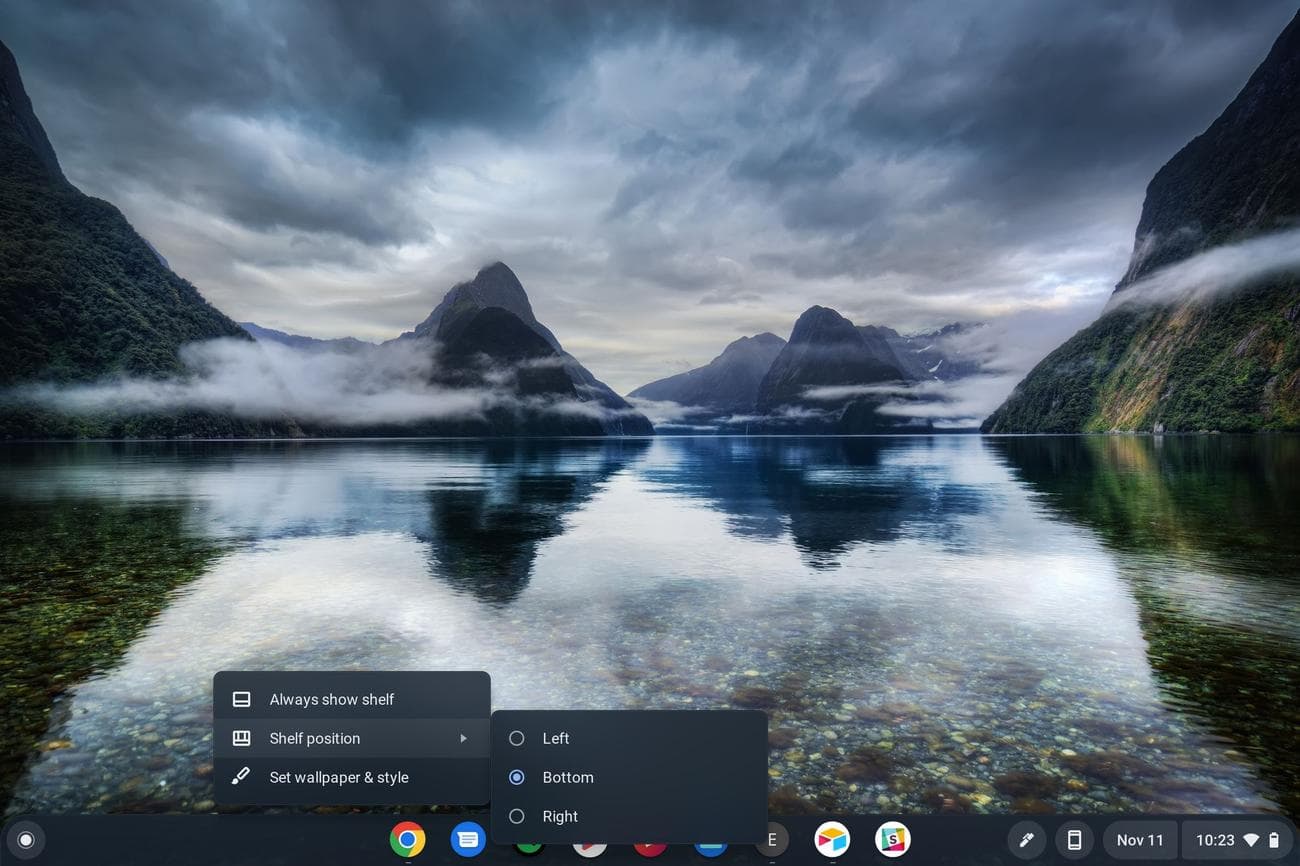 Οι επιλογές θέσης ραφιού σε ένα Chromebook με επιλεγμένη την κάτω επιλογή