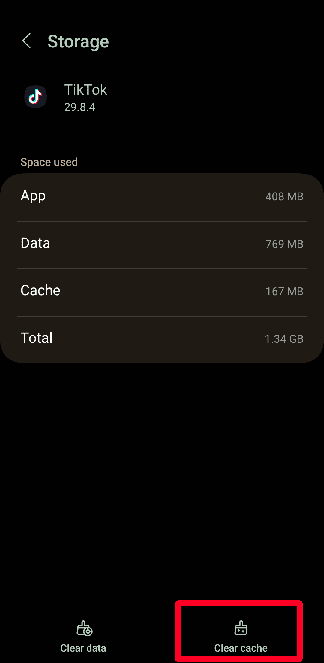 The Clear cache option in the TikTok Storage menu