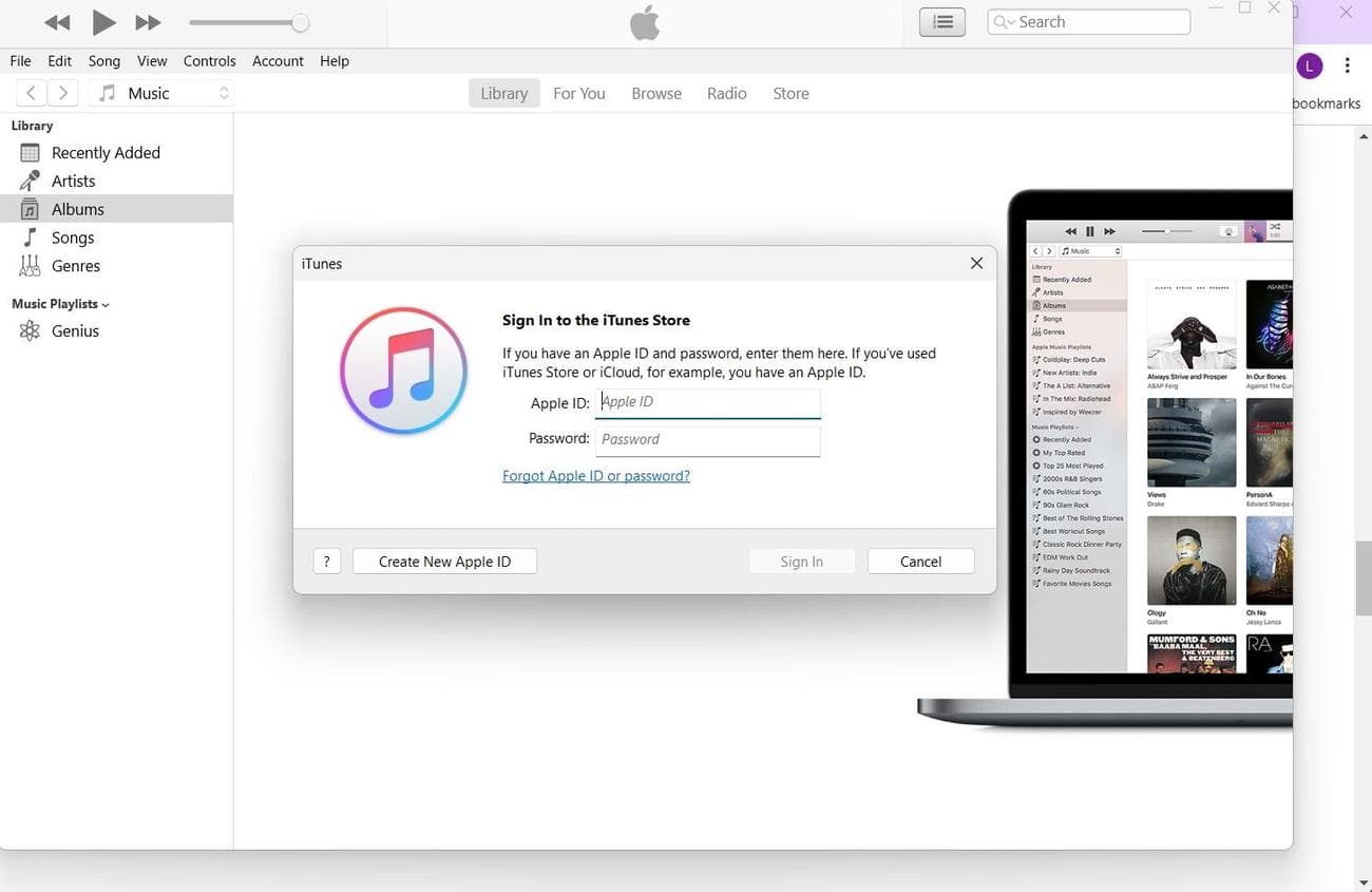 Τα αναδυόμενα παράθυρα σύνδεσης εμφανίζονται στο παράθυρο iTunes για Windows με το «Δημιουργία νέου Apple ID» ορατό στην κάτω αριστερή γωνία του αναδυόμενου παραθύρου.