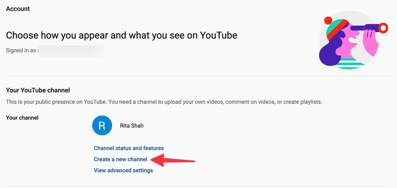 στιγμιότυπο οθόνης της επιλογής δημιουργίας καναλιού στο youtube