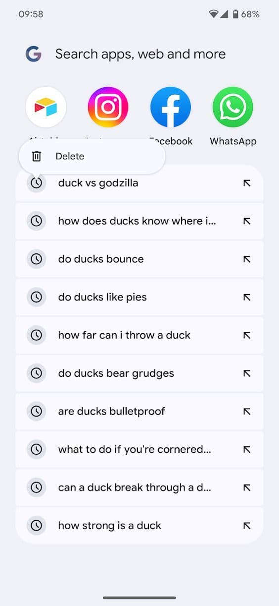 στιγμιότυπο οθόνης του ιστορικού αναζήτησης στην εφαρμογή αναζήτησης google για android