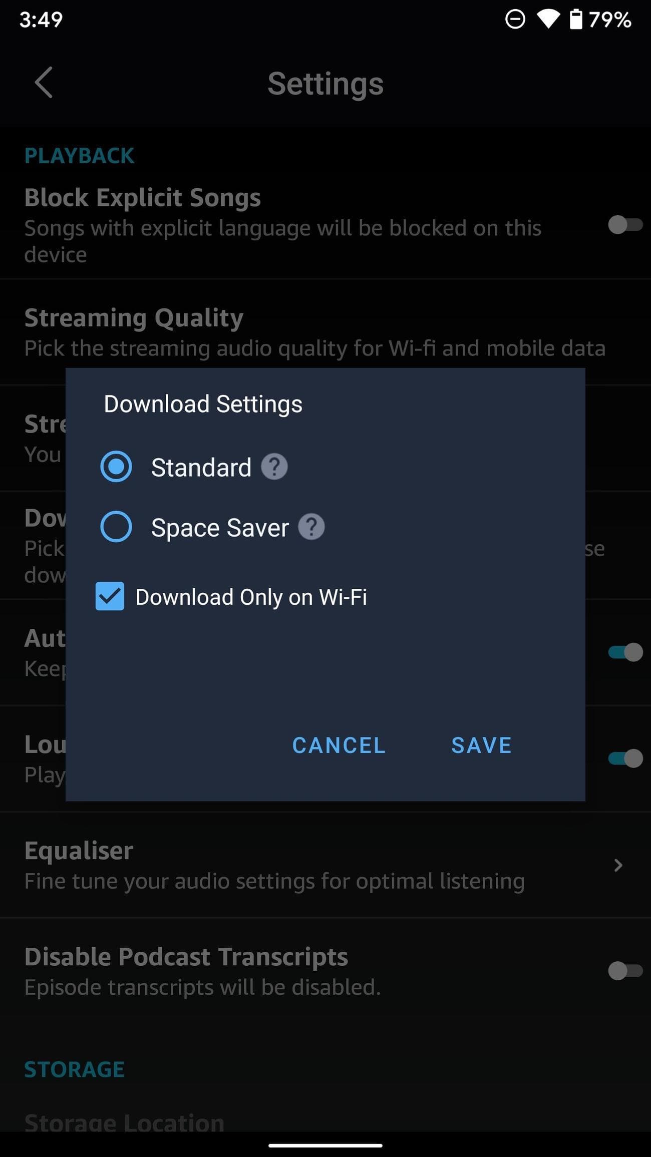 Αναδυόμενο παράθυρο επιλογών λήψης ρυθμίσεων στη σελίδα Ρυθμίσεις της εφαρμογής Μουσική Amazon.