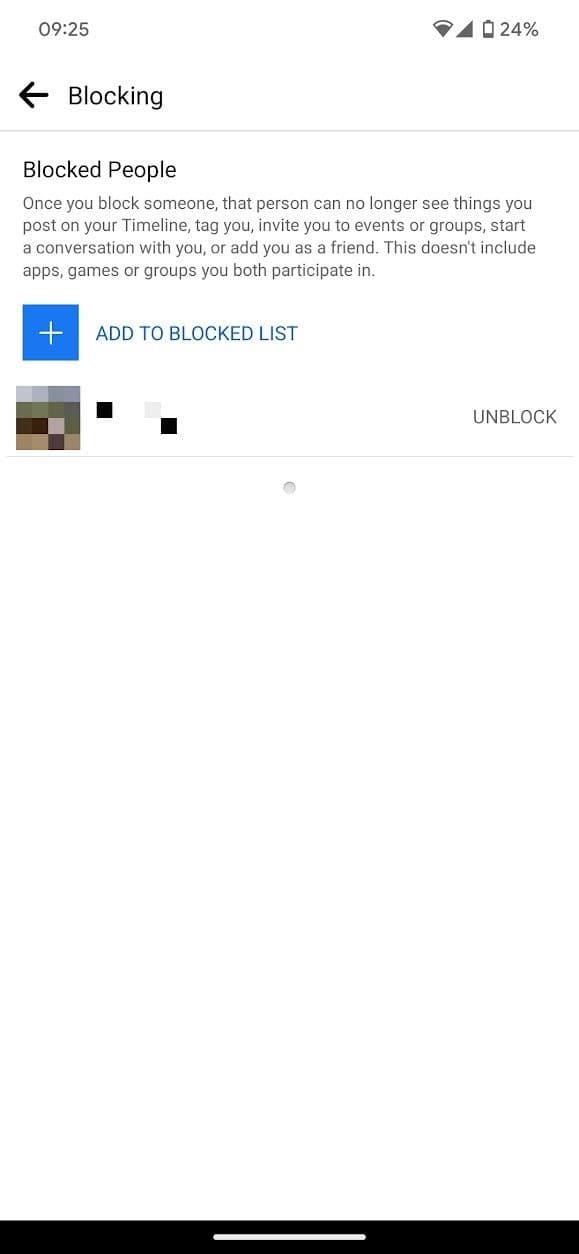 στιγμιότυπο οθόνης αποκλεισμένων προφίλ στην εφαρμογή facebook