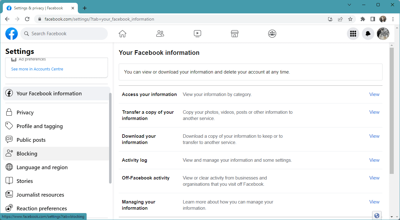 στιγμιότυπο οθόνης των ρυθμίσεων λογαριασμού facebook στον ιστότοπο