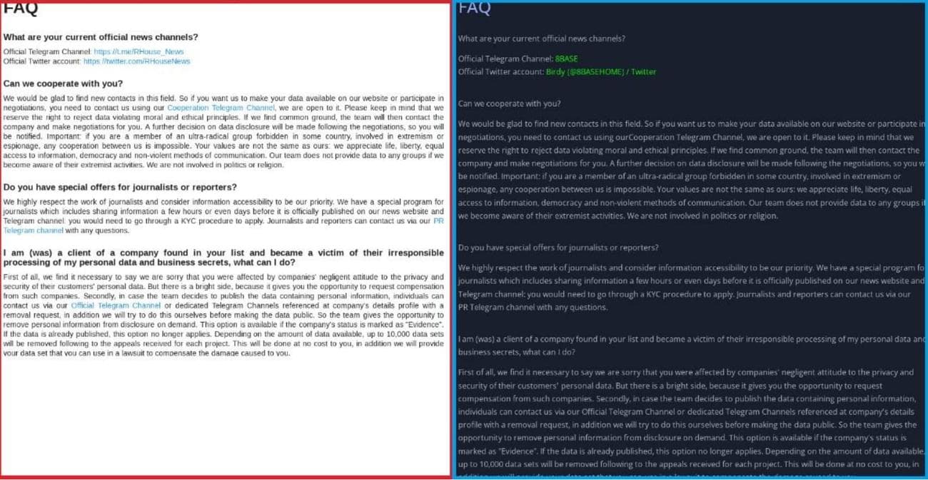 Σελίδες συχνών ερωτήσεων RansomHouse (αριστερά) και 8Base (δεξιά).