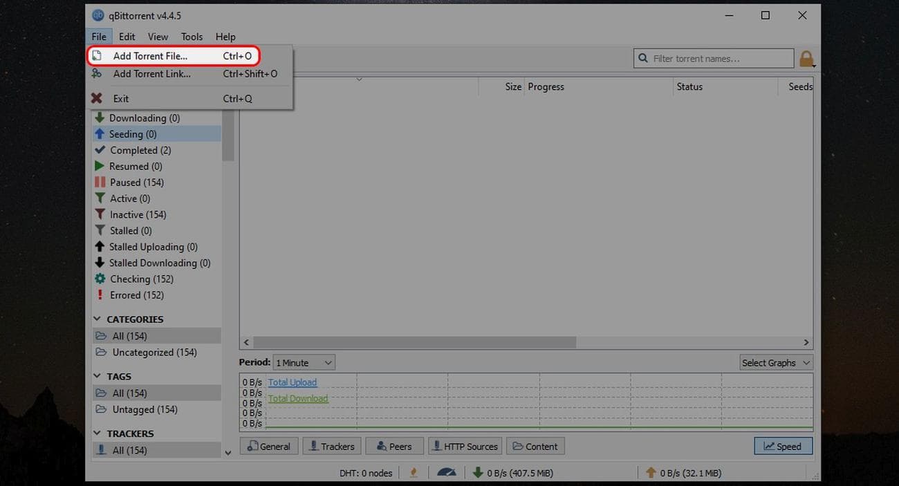 Μενού qBittorrent File επισημαίνοντας την επιλογή Προσθήκη αρχείου Torrent