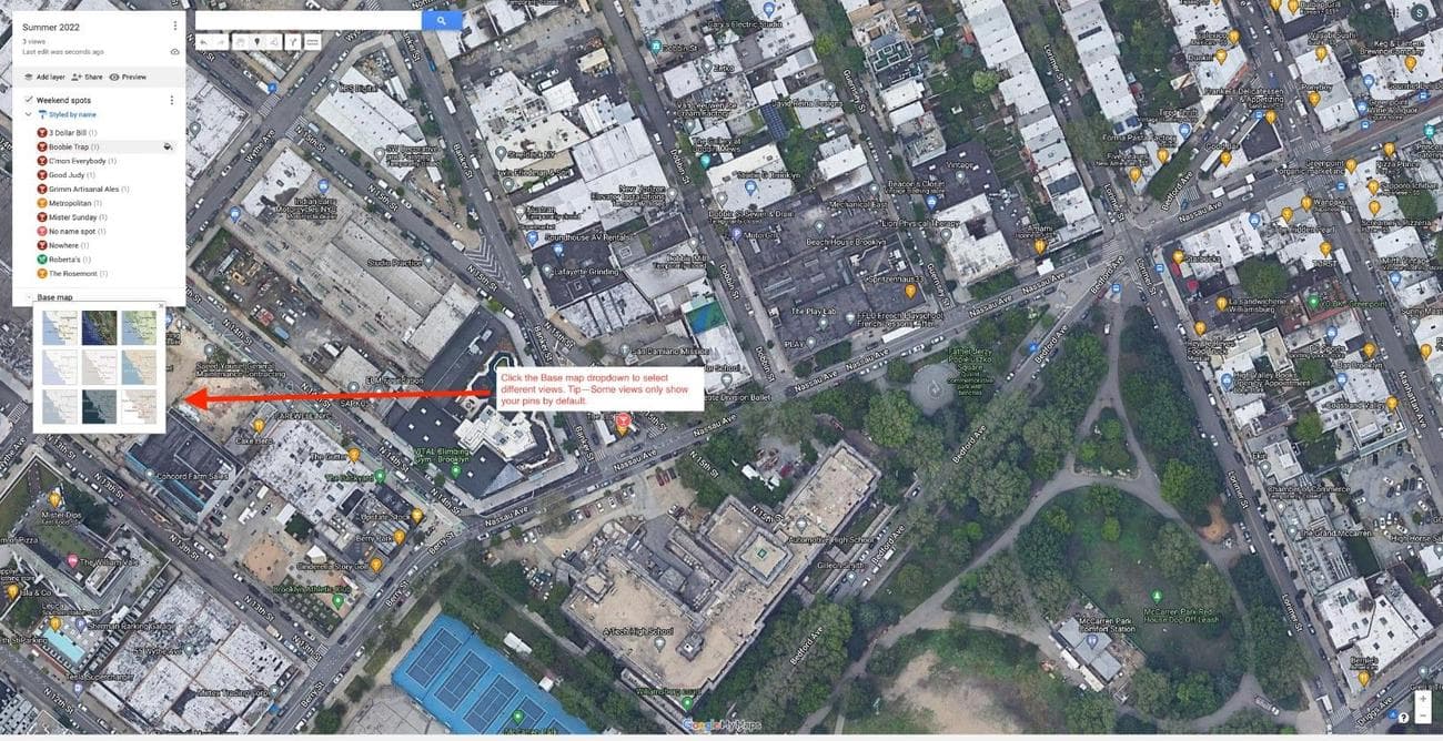 Google My Maps με ένα βέλος που δείχνει προς τις επιλογές Βασικού χάρτη