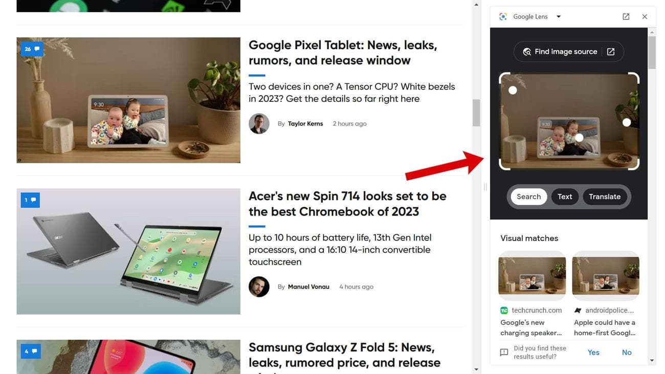 Ένα στιγμιότυπο οθόνης ενός ιστότοπου με ένα βέλος που δείχνει σε μια πλαϊνή γραμμή του Chrome που εμφανίζει αποτελέσματα αναζήτησης αντίστροφης εικόνας.