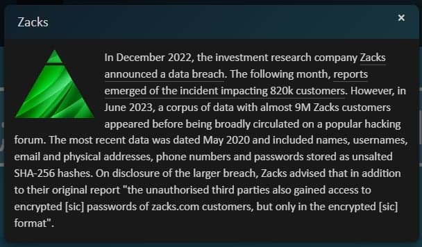 Zacks πιο πρόσφατη ειδοποίηση διαρροής δεδομένων στο HIBP