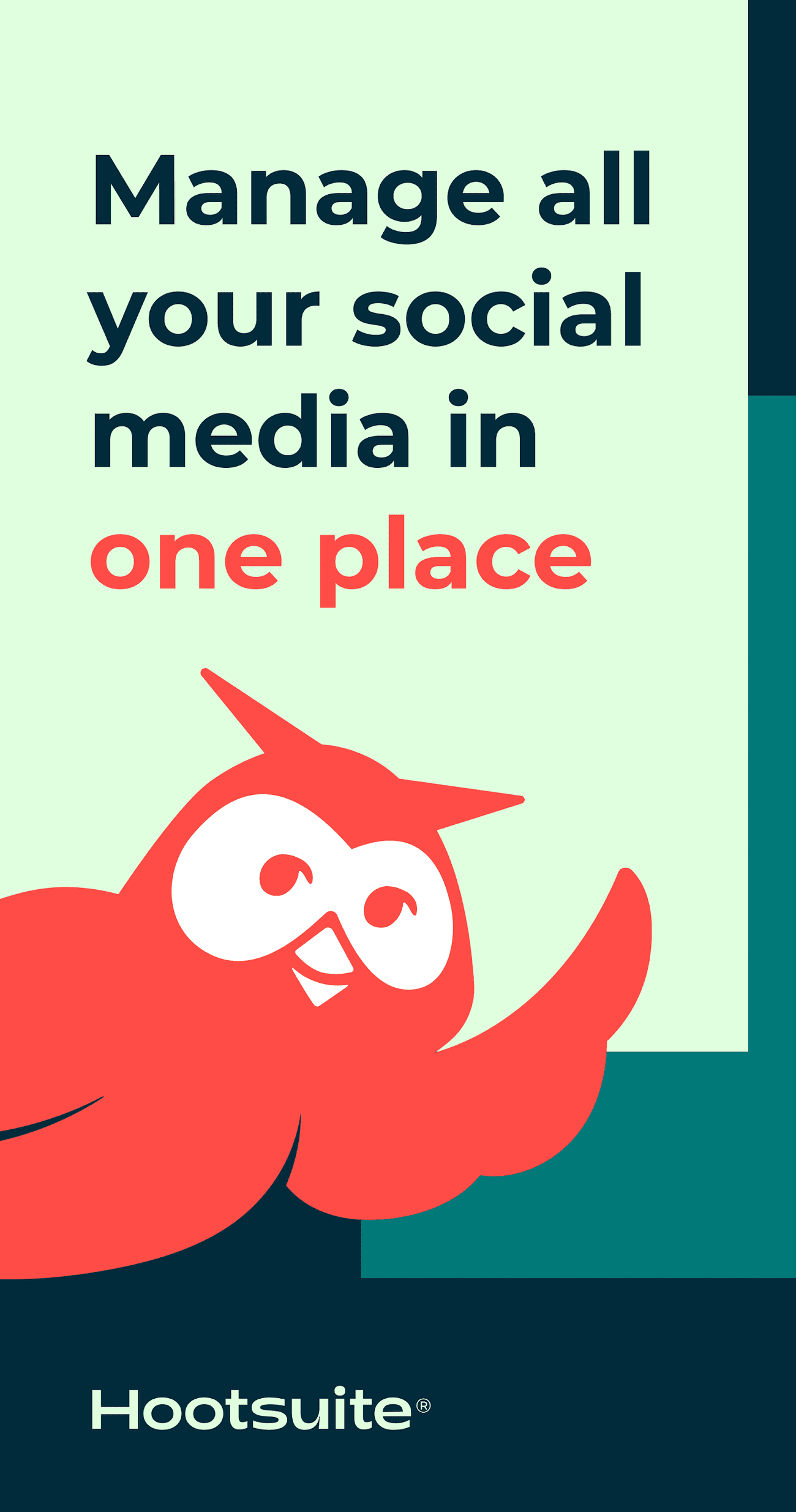 An app store listing screenshot for the Hootsuite Twitter app showing the option to manage all social media in one place