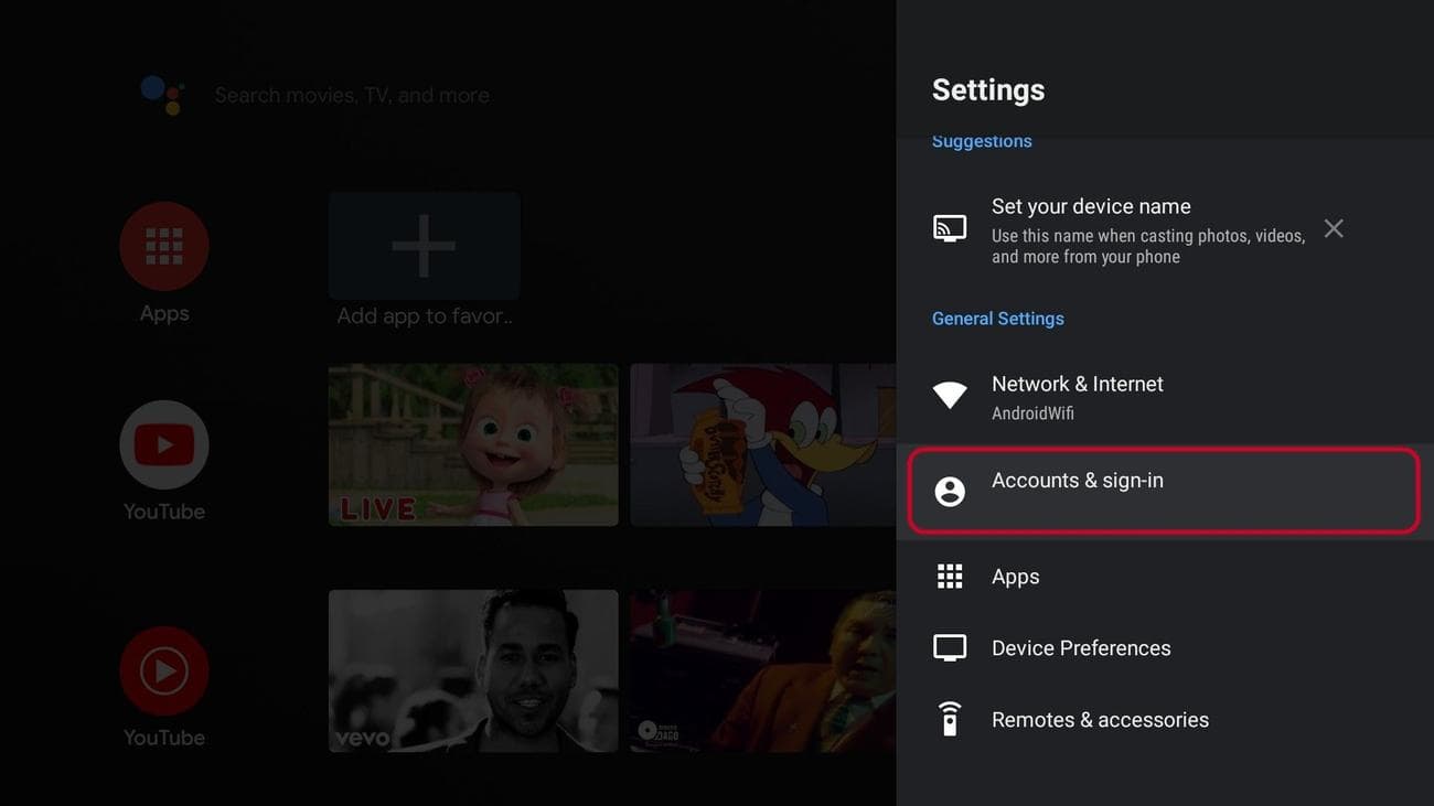 Οι ρυθμίσεις του Android TV ξεπερνούν με τονισμένο τους λογαριασμούς και την επιλογή σύνδεσης