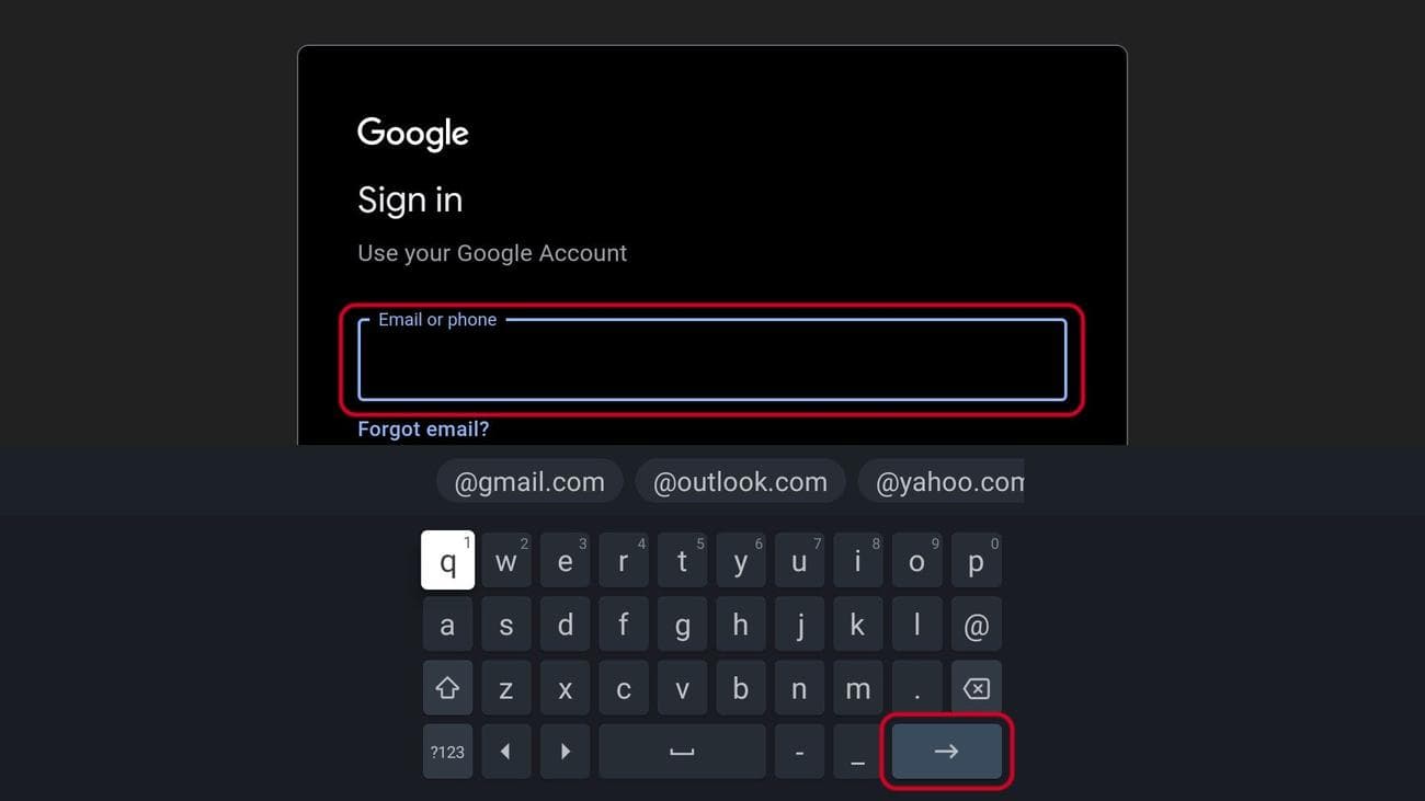 Σελίδα σύνδεσης Android TV google με το πεδίο ηλεκτρονικού ταχυδρομείου ή τηλεφώνου και το κουμπί εισαγωγής επισημασμένο