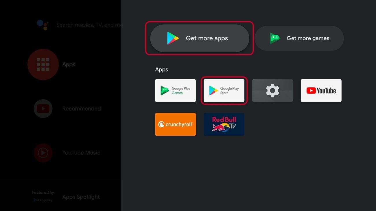 Συρτάρι εφαρμογών Android TV με επισημασμένα τα κουμπιά λήψης περισσότερων εφαρμογών και αναπαραγωγής