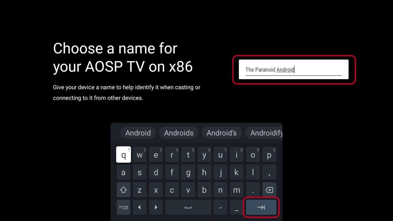 Οθόνη μετονομασίας Android TV με το κουμπί enter στο πληκτρολόγιο και τονισμένο το πεδίο κειμένου