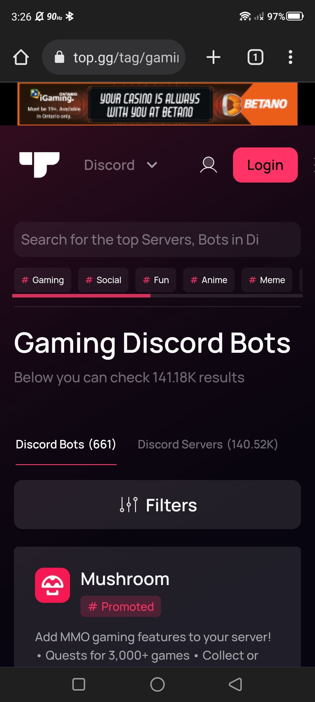 Αρχική σελίδα Top.gg για Gaming Discord Bots σε πρόγραμμα περιήγησης ιστού Google Chrome για κινητά