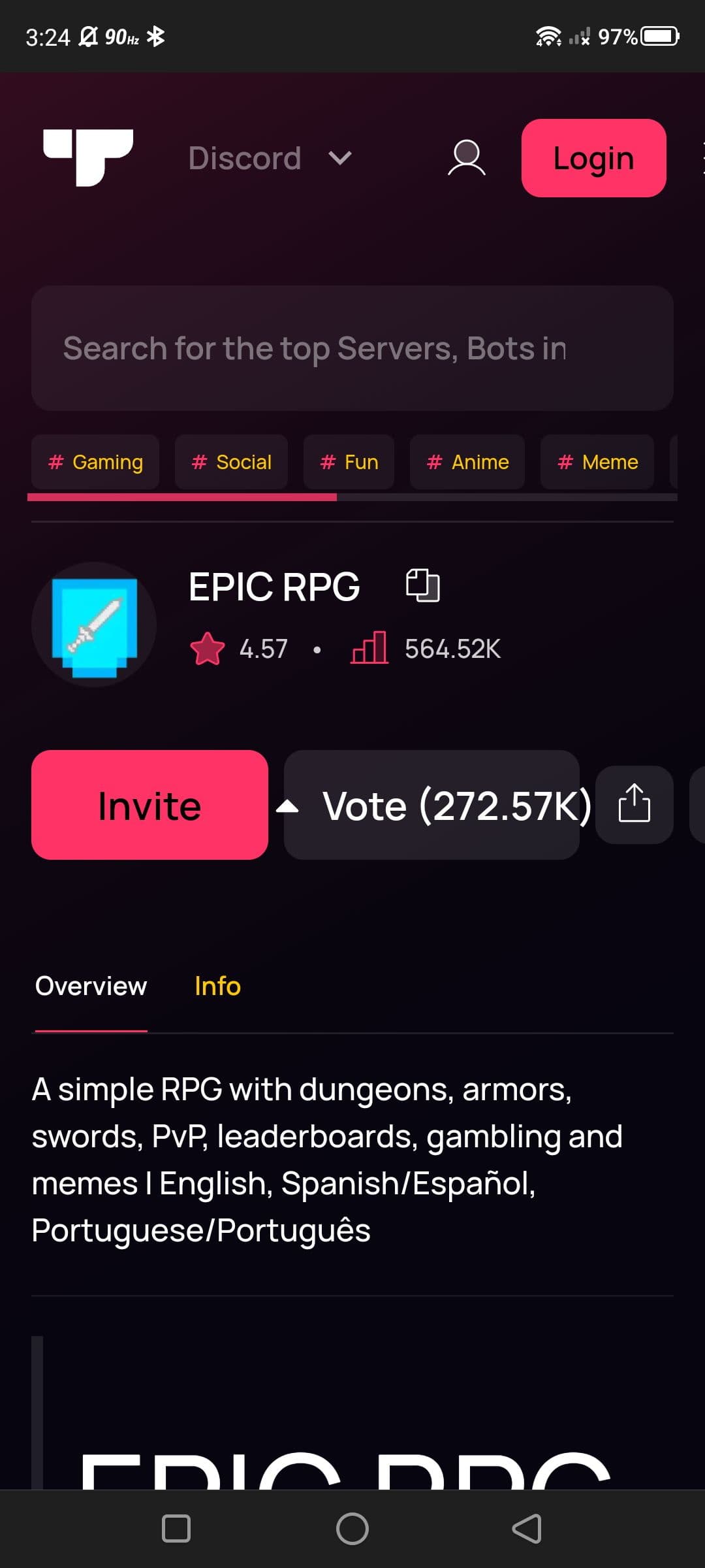 Top.gg Epic RPG αρχική σελίδα σε πρόγραμμα περιήγησης ιστού Google Chrome για κινητά