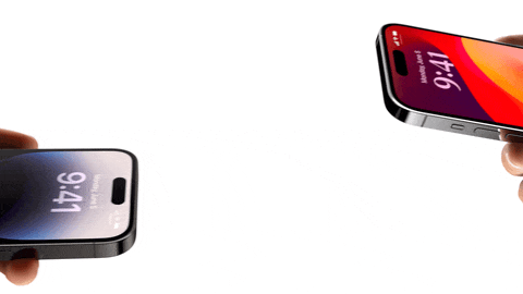 Κινούμενα σχέδια δύο iPhone που κρατούνται πρόσωπο με πρόσωπο, με στοιχεία επικοινωνίας που ανταλλάσσονται