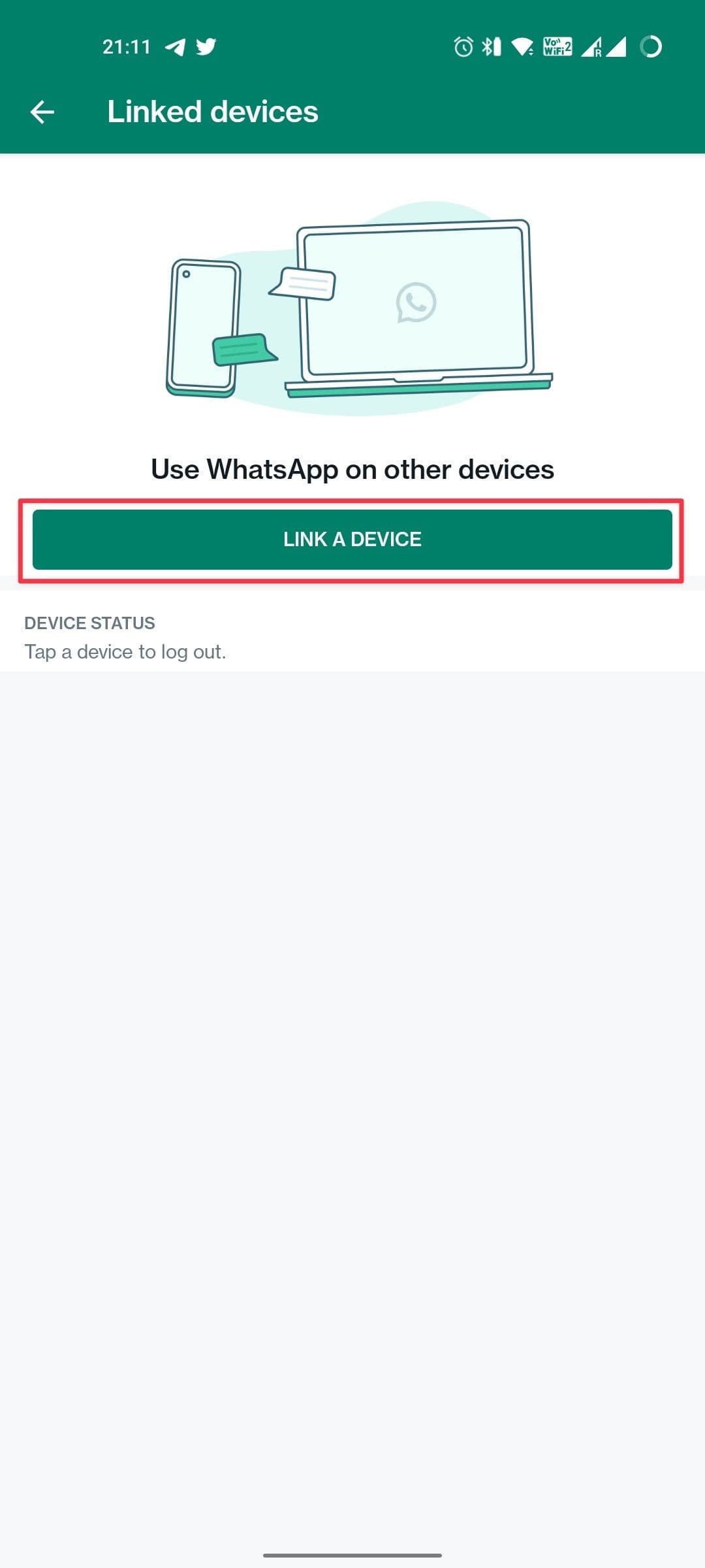 Ένα στιγμιότυπο οθόνης της εφαρμογής WhatsApp Android δείχνει το κουμπί Σύνδεση μιας συσκευής που περιγράφεται.