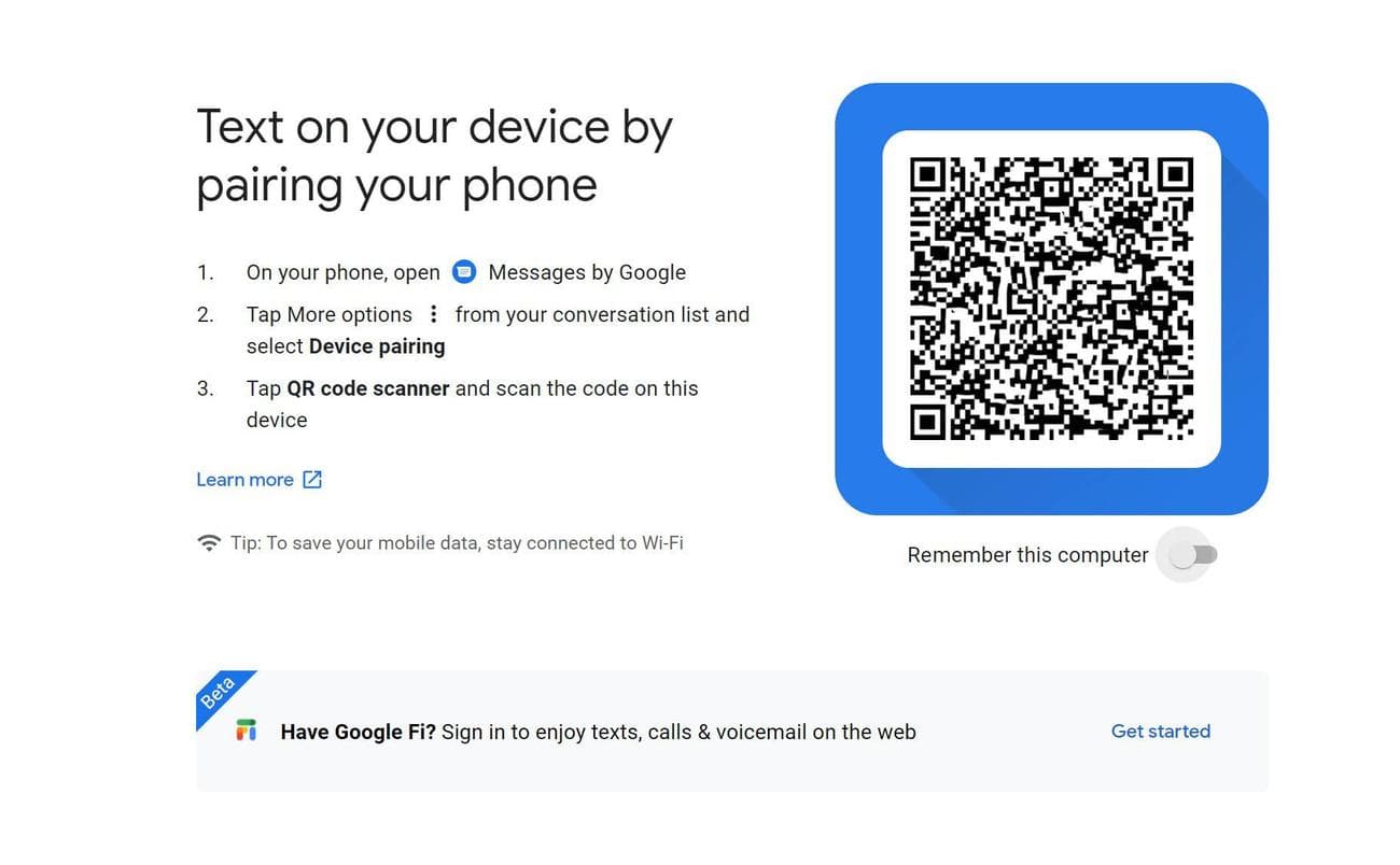 Ένας κωδικός QR για τη σύζευξη των Μηνυμάτων Google στον ιστό από το τηλέφωνό σας