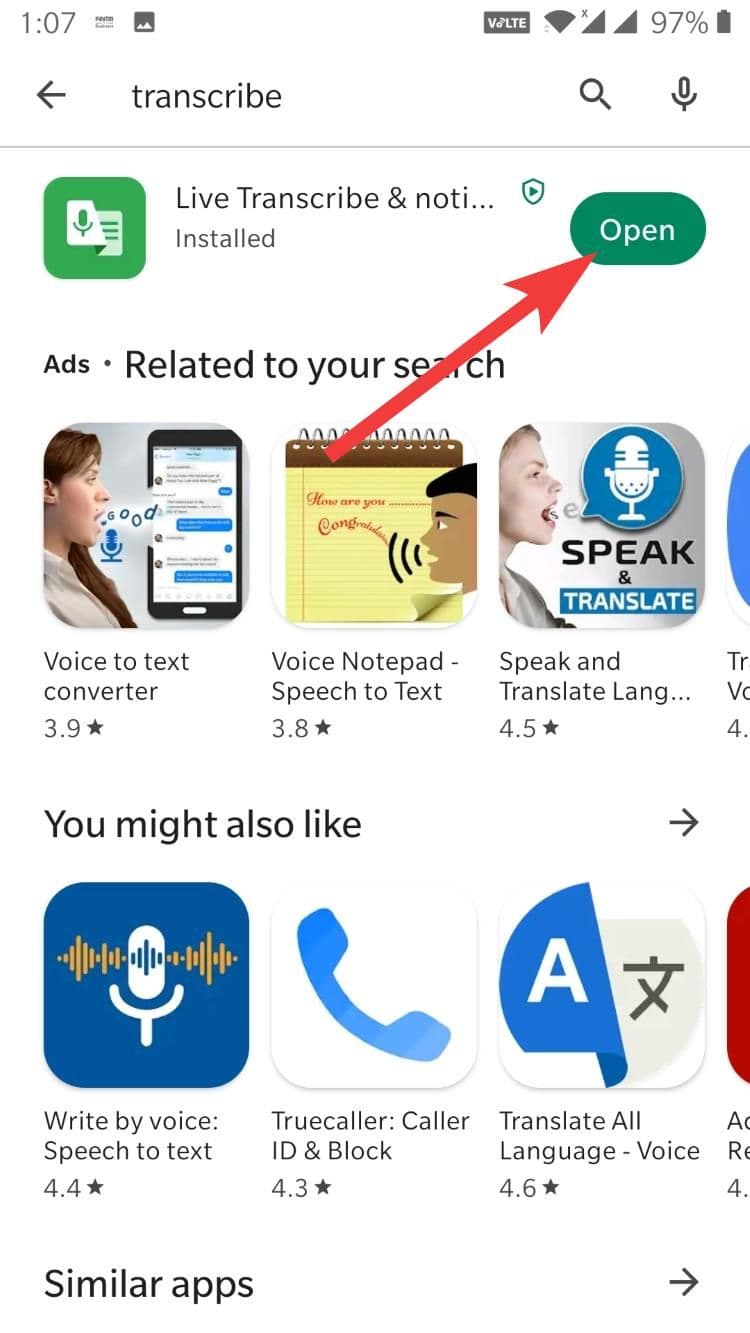 ope live transcribe on Android