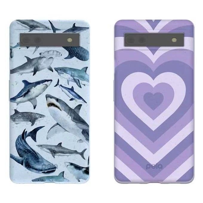 Δύο θήκες Pela για Pixel 6a.  ένα με καρχαρίες και ένα με καρδιές