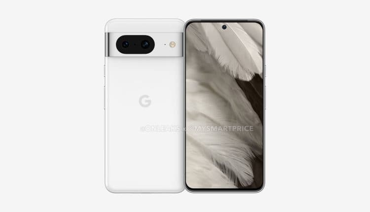 Renders of the front and back of white Pixel 8 devices overlapping with the display illuminated. 
