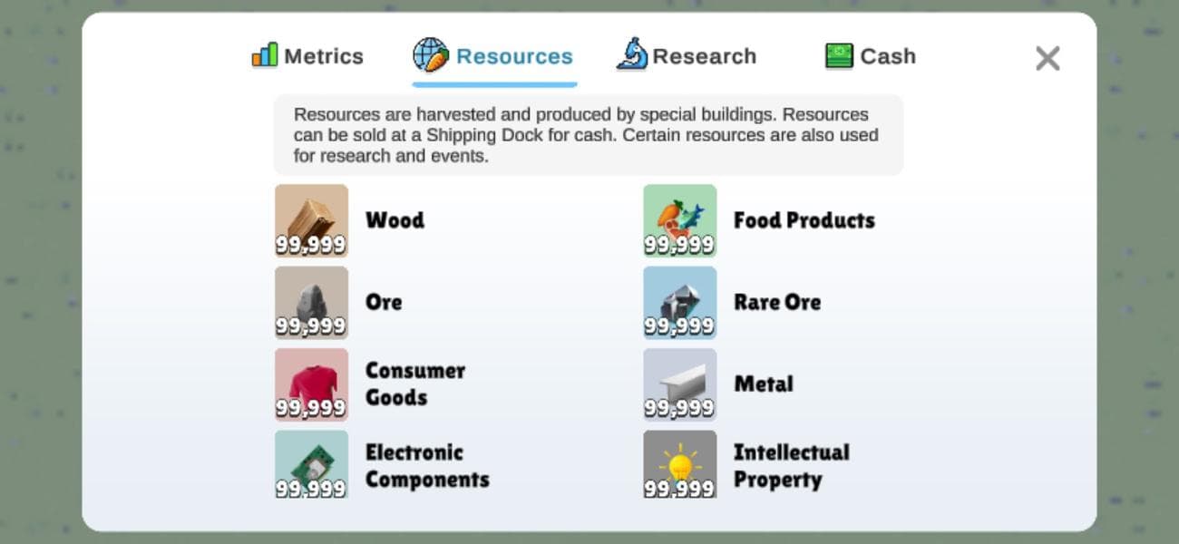 Οθόνη Pocket City 2 Resources