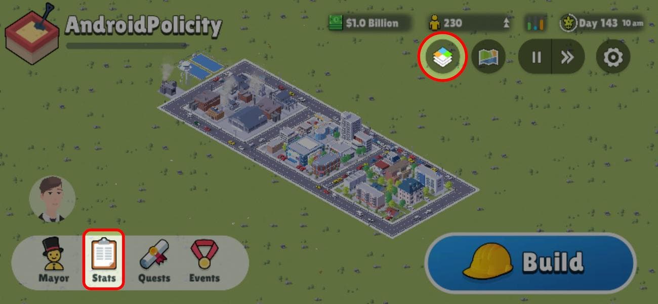 Οθόνη Pocket City 2 που επισημαίνει τις επιλογές Στατιστικά και Επικαλύψεις