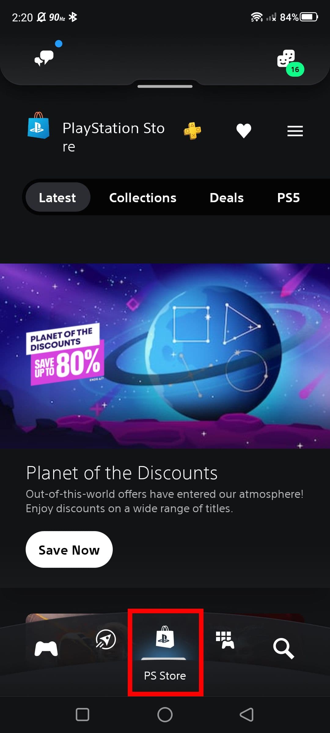 Εντοπισμός του κουμπιού PS Store στο κάτω μέρος της εφαρμογής PlayStation στο Android