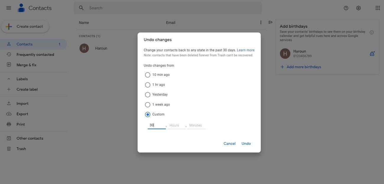 Επιλέξτε το χρονικό πλαίσιο από το οποίο θέλετε να αναιρέσετε τις αλλαγές