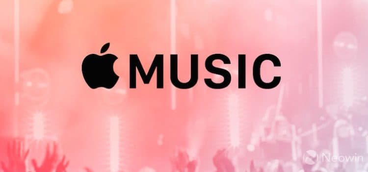 Apple Music logo in black on a colorful background with people dacing