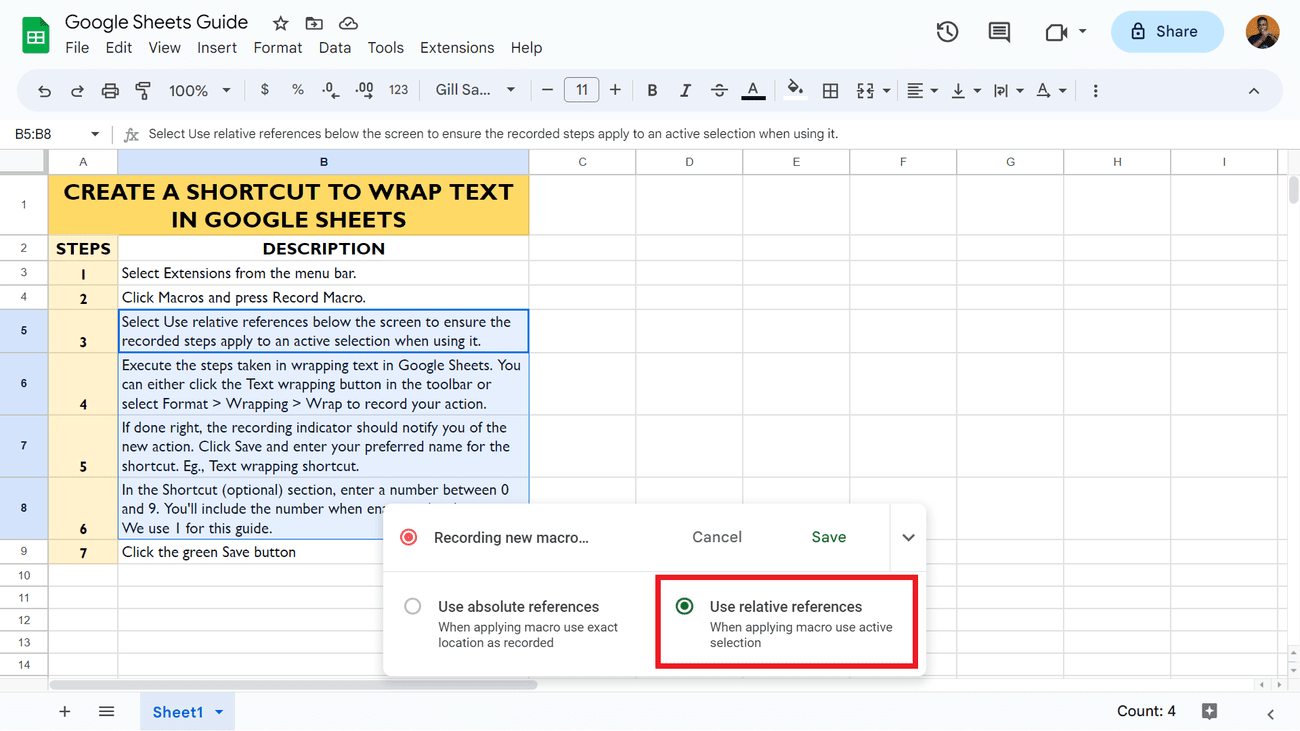 Επισήμανση εφαρμογής Ιστού Φύλλων Google Χρησιμοποιήστε σχετική αναφορά κατά την εγγραφή μιας μακροεντολής