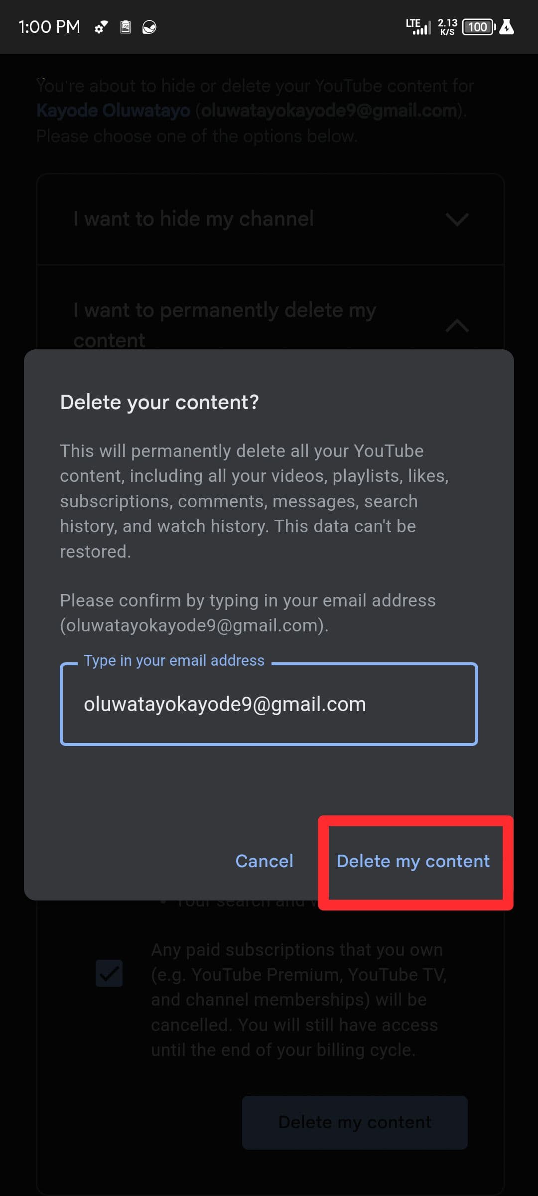 Η σελίδα ρυθμίσεων λογαριασμών Google που επισημαίνει τη διαγραφή του περιεχομένου μου για το YouTube