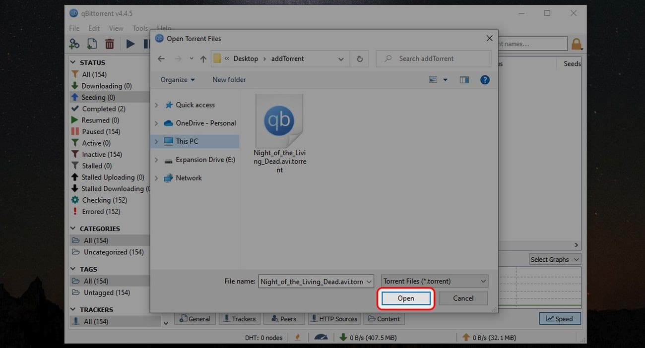 qBittorrent Άνοιγμα μενού αρχείου επισημαίνοντας το κουμπί Άνοιγμα