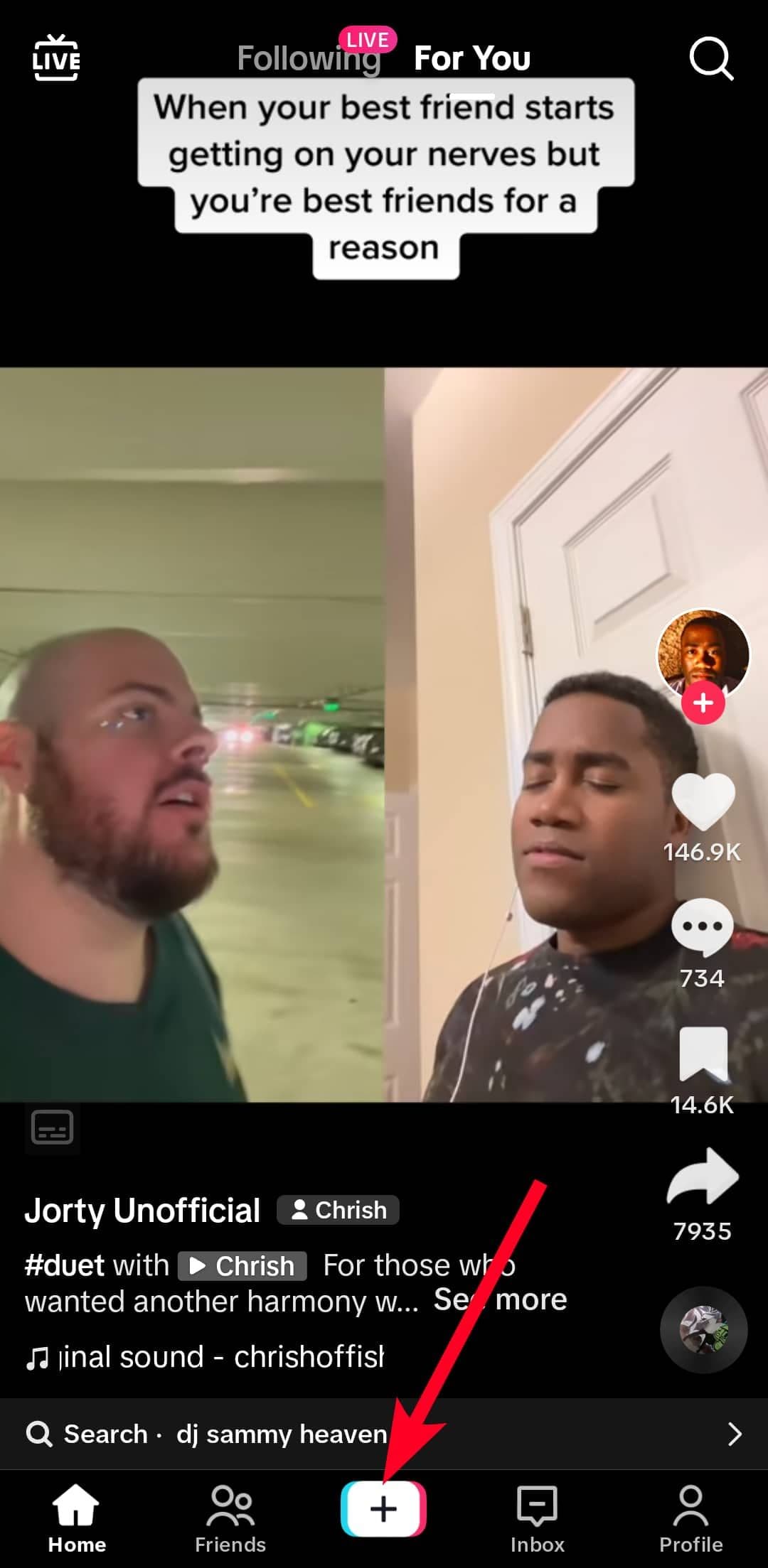 Selecting the upload icon in TikTok app