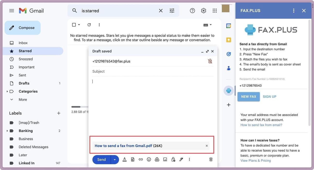 Στιγμιότυπο οθόνης παραθύρου σύνθεσης email Fax.Plus που δείχνει το συνημμένο έγγραφο φαξ