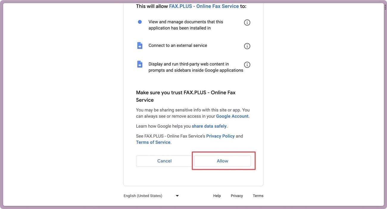 Στιγμιότυπο οθόνης σελίδας χορήγησης άδειας FAX.PLUS