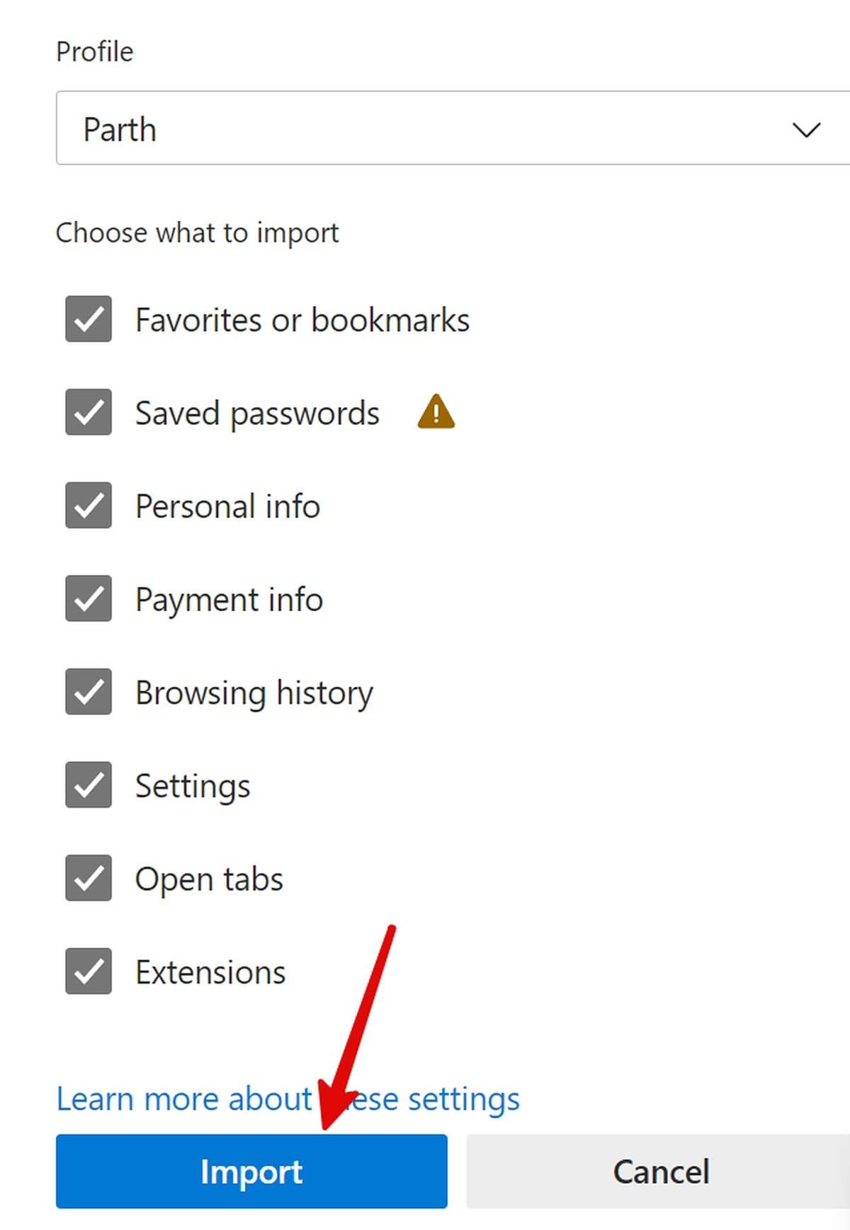 Επιλέγοντας δεδομένα Google Chrome για εισαγωγή στον Microsoft Edge με ένα κόκκινο βέλος που δείχνει το κουμπί Εισαγωγή