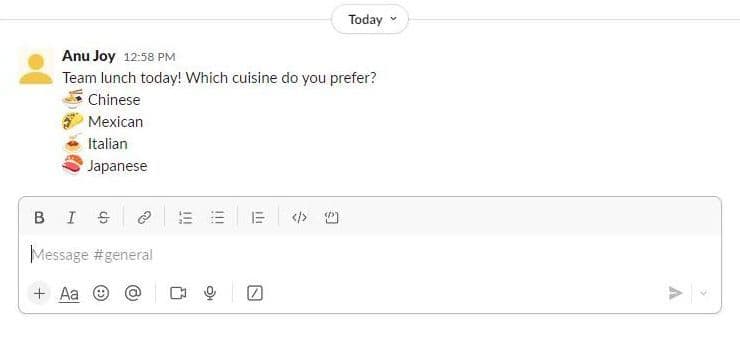 στιγμιότυπο οθόνης της μεθόδου ψηφοφορίας στο Slack χρησιμοποιώντας emoji