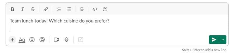 στιγμιότυπο οθόνης του δρομέα στην επόμενη γραμμή στο πεδίο μηνυμάτων του Slack
